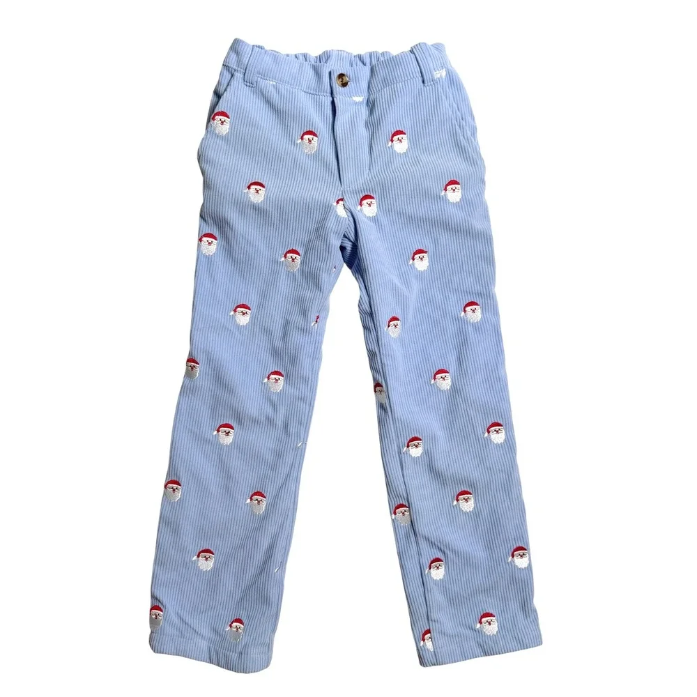 Smockingbird Corduroy Pants 6 Blue Embroidered Santa Christmas Holiday Trousers